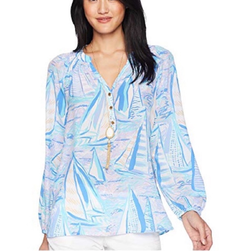 Lilly Pulitzer Elsa Silk Blouse Aboat time V-neck light blue white pink